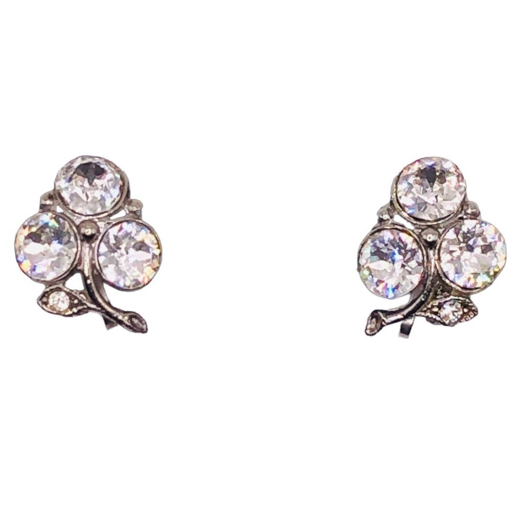 Vintage Signed Nemo Rhinestone Screw Back Earrings black Flower Clear Rhinestone
